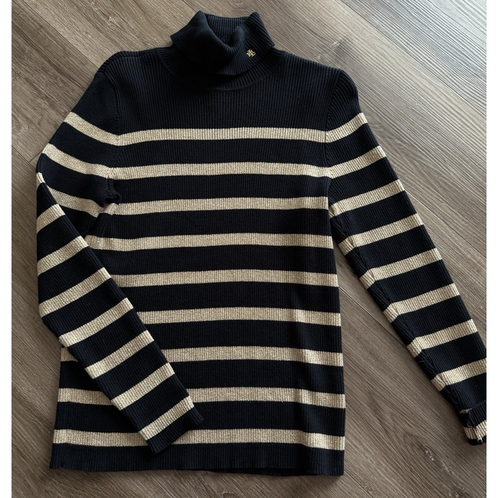 Ralph Lauren LRL Sweater Women's Large‎ Black Gold Metallic Stripes Turtleneck